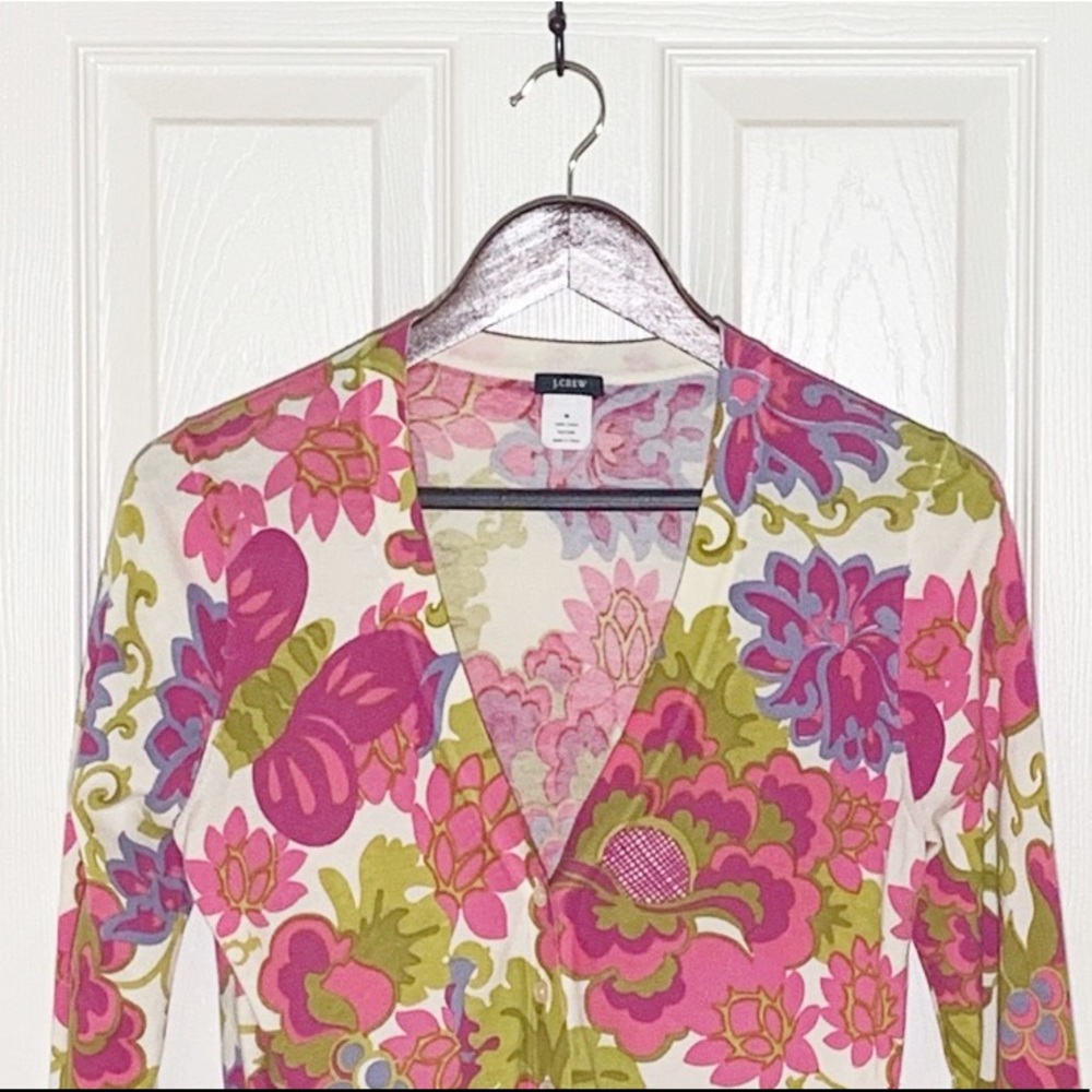 J. Crew Floral Cardigan 100 % cotton 3/4 Slv  Sz M - Picture 2 of 4